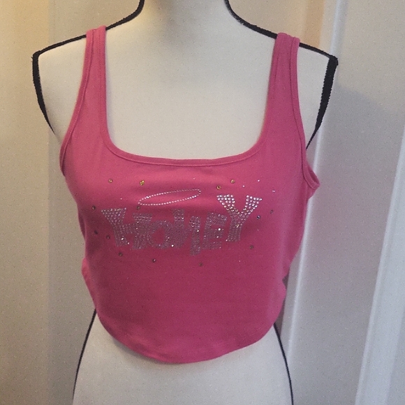 Barbie Pink Crop Tank Top with Rhinestone "HONEY" Embellishment with Halo Size L - Picture 3 of 5